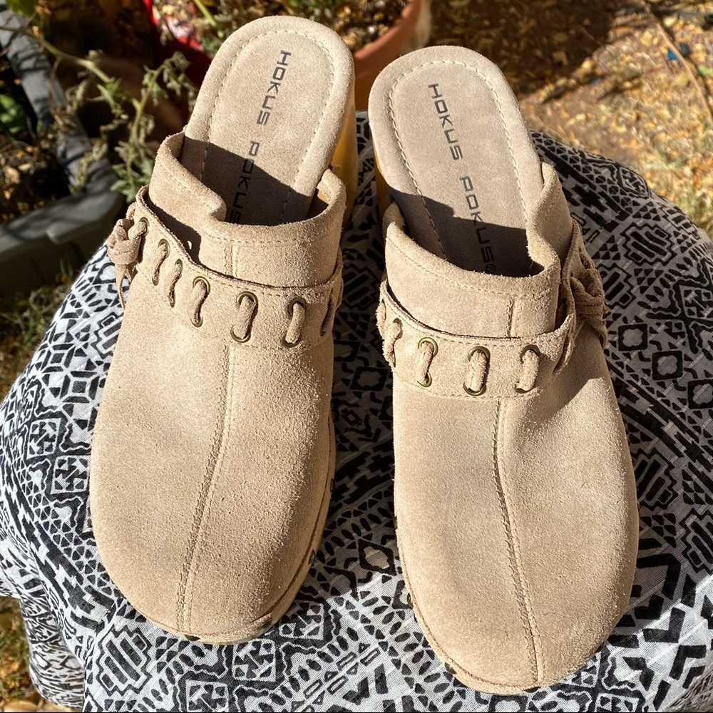 Platform Clog 8 leather upper fringe tie wooden base Great condition NWOB